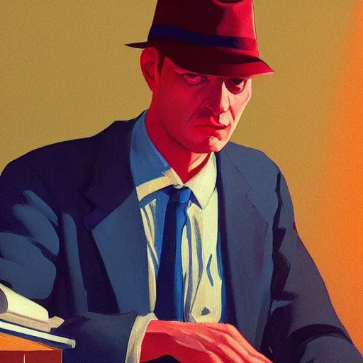 Prompt: a realistic portrait of a man staring at the camera with dramatic lighting, by moebius, edward hopper, colorful flat design illustration, hd, 8 k, artstation