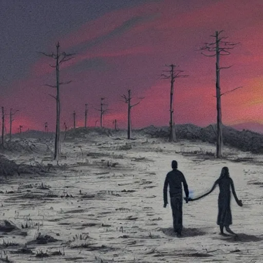 Prompt: A romantic walk through a desolate wasteland, drawing