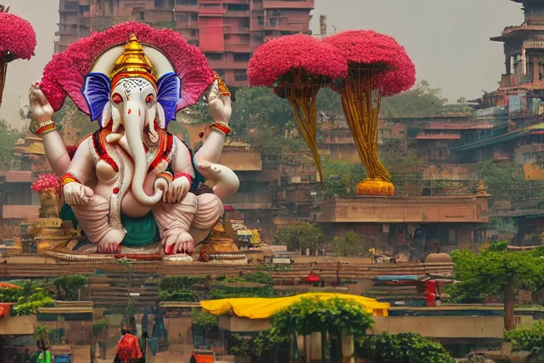 Prompt: beautiful futuristic new delhi, sharp sci - fi ganesha!! building, kalighat flowers, highly detailed cinematic, stephen shore & john j. park, soft morning light, wide shot, ground angle, uhd 8 k, sharp focus