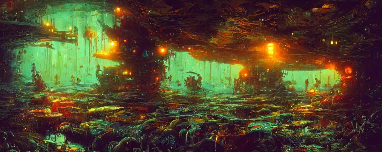 Image similar to ” inside a fish, [ moist, wet, gut, gills, cinematic, detailed, epic, widescreen, opening, establishing, mattepainting, photorealistic, realistic textures, octane render, art by paul lehr ] ”