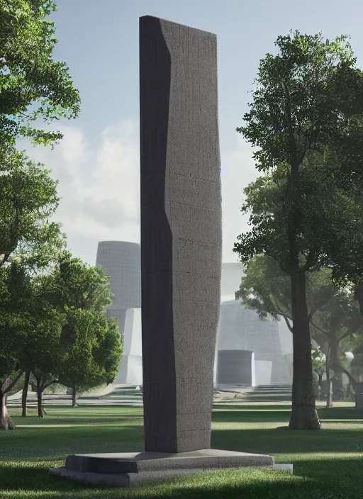 Prompt: highly detailed realistic architecture 3 d render of a futuristic stele monument in renzo piano style standing in city park, archdaily, made in unreal engine 4 octane render