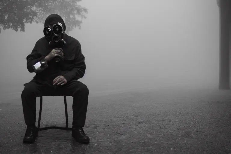 Prompt: street photography of man in gas mask sitting in a foggy alley By Emmanuel Lubezki