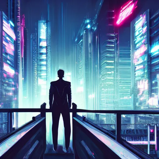 Prompt: a man standing on top of a bridge over a city, cyberpunk art by vincent lefevre, behance contest winner, altermodern, cityscape, synthwave, matte painting, - w 7 6 8