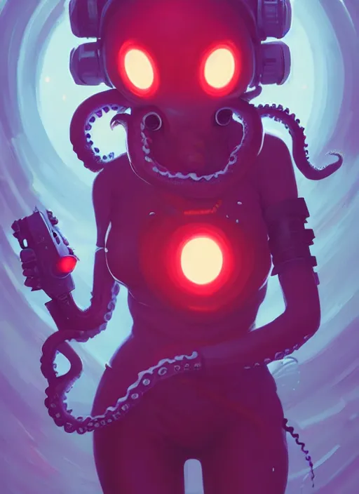 Image similar to portrait of cute octopus tentacle space girl with glowing red eyes, warhammer, cyberpunk by atey ghailan, by greg rutkowski, by greg tocchini, by james gilleard, by joe gb fenton, by in kaethe butcher, dynamic lighting, gradient light blue, brown, blonde cream and white color in scheme, grunge aesthetic, black background