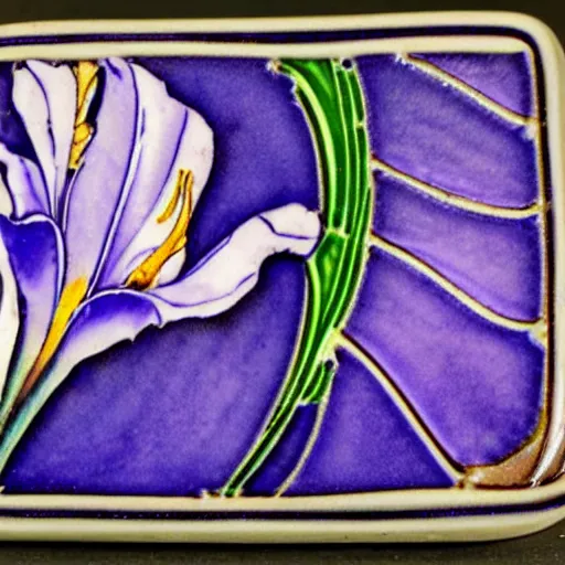 Prompt: an art nouveau ceramic tile of an iris flower