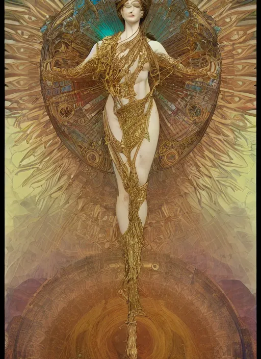 Prompt: goddess angel of tranquility::1 hyper detailed, character concept, full body, dynamic pose::2 intricate, lineart, cerpuscular rays, by yoshitaka amano, alfons mucha, 4k