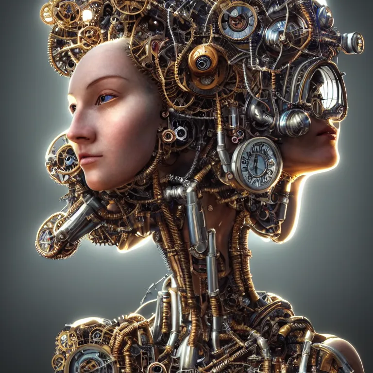 Image similar to hyperrealistic mixed media portrait of a beautiful mechanical steampunk woman, stunning 3d render inspired art by P. Craig Russell and Barry Windsor-Smith + perfect facial symmetry + dim volumetric lighting, 8k octane beautifully detailed render, post-processing, extremely hyperdetailed, intricate futuristic mechanic parts, epic composition, grim yet sparkling atmosphere, cinematic lighting + masterpiece, trending on artstation