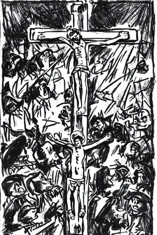 Prompt: steamboat willie crucified on a cross, drawn by Walt Disney