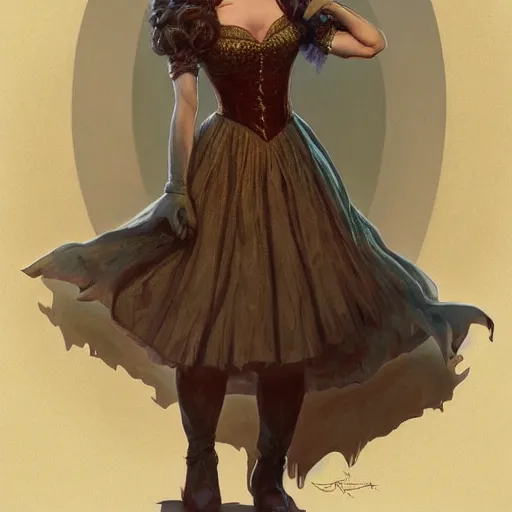 Image similar to full body portrait of Dorothy Gale from the Wizard of Oz, D&D, fantasy, intricate, elegant, highly detailed, digital painting, artstation, concept art, smooth, sharp focus, illustration, art by artgerm and greg rutkowski and peter mohrbacher