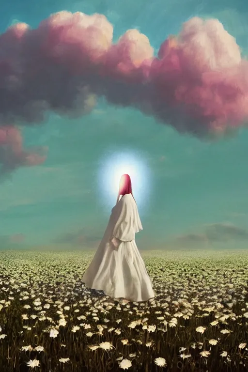 Prompt: giant white daisy flowers as head, veiled girl walking in a flower field, surreal photography, sunrise, dramatic light, impressionist painting, colorful clouds, digital painting, artstation, simon stalenhag