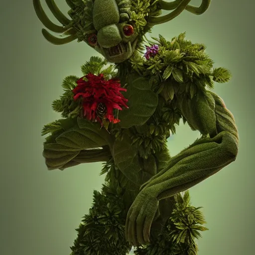 Prompt: a plant creature, foliage, plant filaments, flowers, humanoid shape, full body, photorealistic, 4 k, octane render, cinematic lighting, artistic photography, insanely detailed and intricate