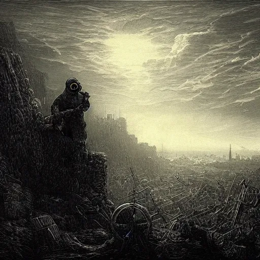 Image similar to apocalyptic landscape, soldier in gasmask, dark clouds, fire, dark, night, eerie, dystopian, city, end times, illustration by Gustave Doré