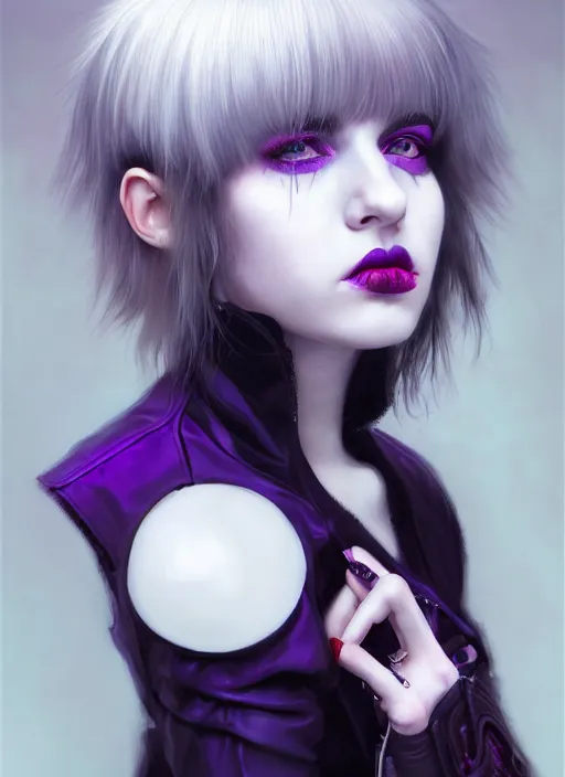 Image similar to portrait of white teenage girl, normal face, white bangs, mall goth, cyberlox, black and white hair, bangs, fluffy bangs, red contact lenses, purple lipstick, intricate, elegant, highly detailed, digital painting, artstation, concept art, sharp focus, smooth, illustration, art by wlop, mars ravelo and greg rutkowski