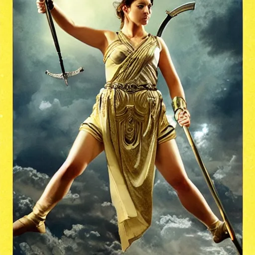 Prompt: the greek goddess athena in battle, scene from live action movie