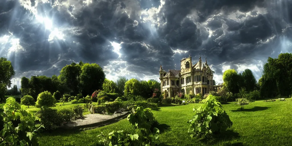 Prompt: gothic, mansion, summer clouds, dawn, flowerbeds, vines, god rays, realistic, filmic lighting, volumetric, by artstation, artemisia gentileschi, wide angle