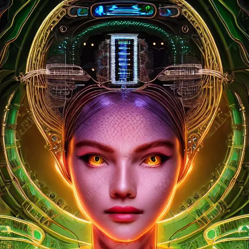 Prompt: beautifull woman integrating with technology, full face, detailed intricate ornate cables connected to head, big open electric eyes, luxurious detailed abundent wiring and implants, sci-fi, neon, emeralds, detailed technology full background, highly detailed, Rene Lalique and Eddie Mendoza