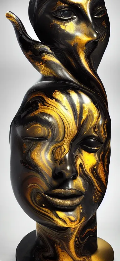 Image similar to epic, abstract sculpture of beautiful female face and black swirling marbling liquifying acrylic sculpture, clouds, golden hour, beautiful light, 3 d sculpture of carving marble, dark colors, dark mood, one point lightning