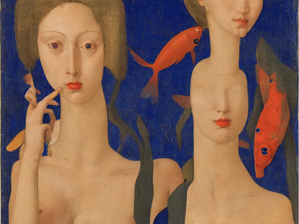 Image similar to portrait of a woman head with exotic red serit fish. lapis lazuli, gold. painting by piero della francesca, balthus, agnes pelton