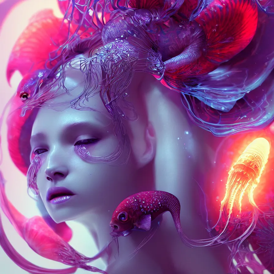 Image similar to goddess close-up portrait. orchid jellyfish phoenix head, nautilus, skull, betta fish, bioluminiscent creatures, intricate artwork by Tooth Wu and wlop and beeple. octane render, trending on artstation, greg rutkowski very coherent symmetrical artwork. cinematic, hyper realism, high detail, octane render, 8k