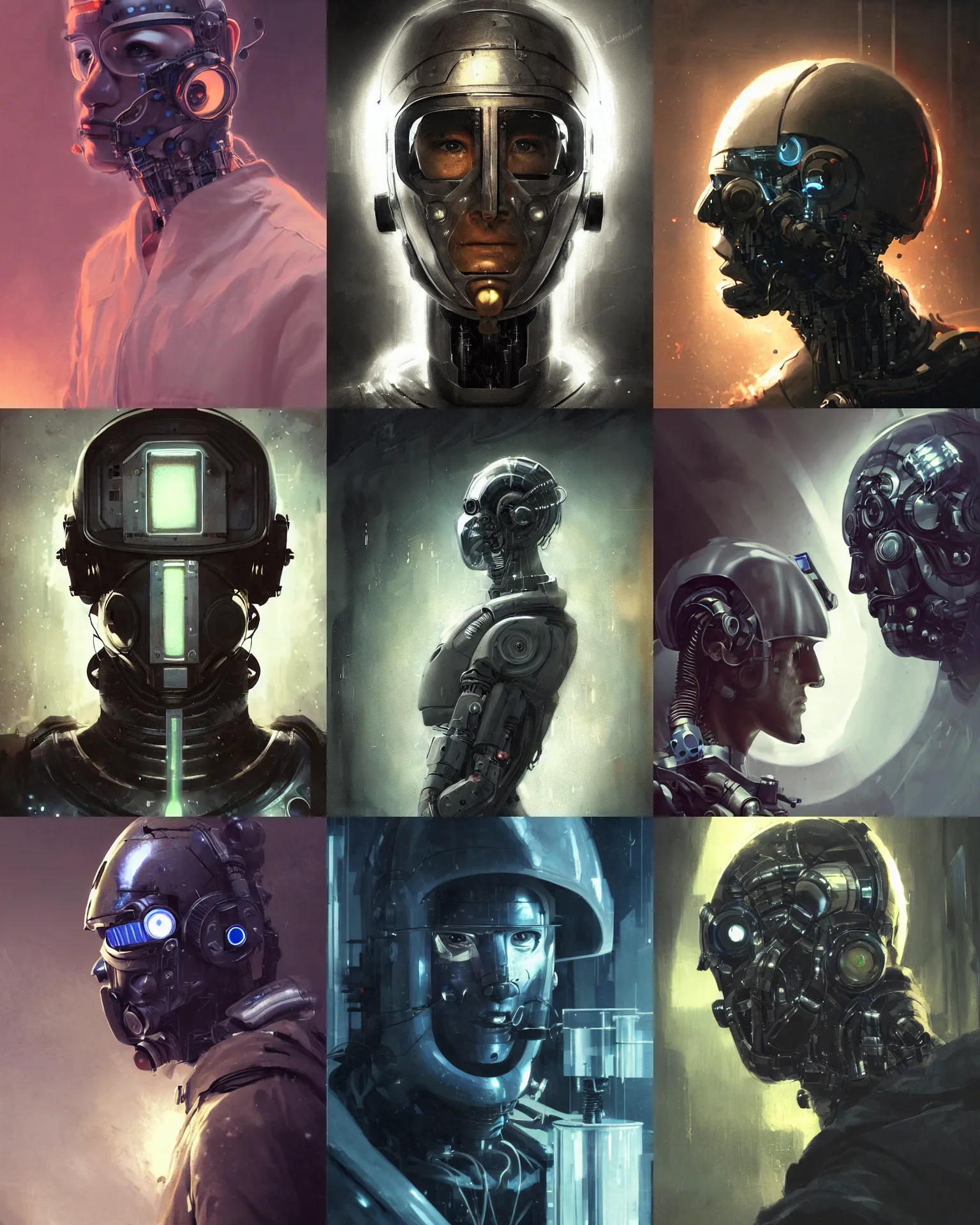 Image similar to a masked laboratory technician man with cybernetic enhancements seen from a distance, scifi character portrait by greg rutkowski, craig mullins, 1 / 4 headshot, cinematic lighting, dystopian scifi outfit, profile picture, mechanical, cyborg, half robot