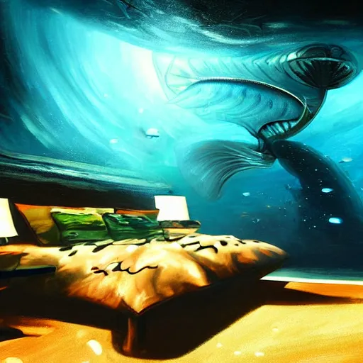 Prompt: alien fish underwater scene cinematic lighting detailed realistic painting photorealistic digital artwork