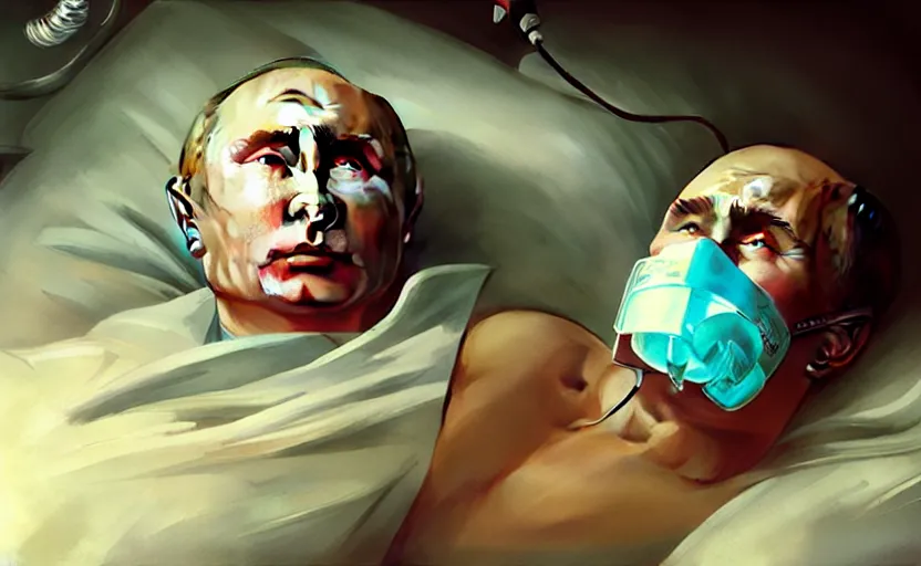 Image similar to Putin suffocates with oxygen mask on a hospital bed, intricate, portrait, highly detailed, digital painting, artstation, concept art, smooth, sharp focus, illustration, cinematic lighting, art by artgerm and greg rutkowski and alphonse mucha