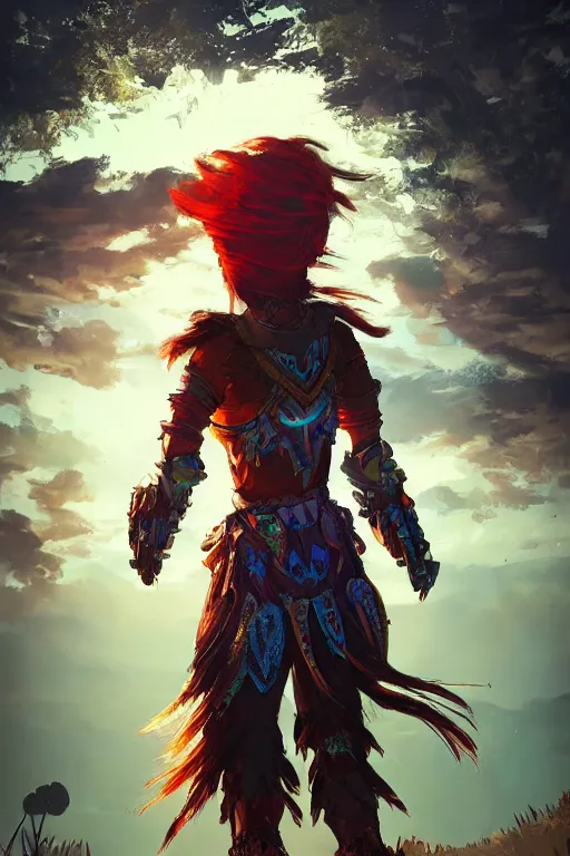 Image similar to combination suit armor aloy horizon forbidden west horizon zero dawn radiating a glowing aura global illumination ray tracing hdr fanart arstation by ian pesty and alena aenami artworks in 4 k tribal robot ninja mask helmet backpack