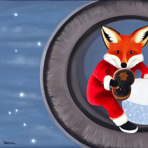 Prompt: award winning painting of a fox animal with a red santa claus hat, on the moon, sat next to a wheel of cheese, f1.2, elegant highly detailed digital painting