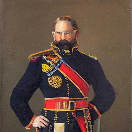 Prompt: An exquisite modern painting of a chimpanzee dressed like a bearded Napoleon with correct military uniform, no frames