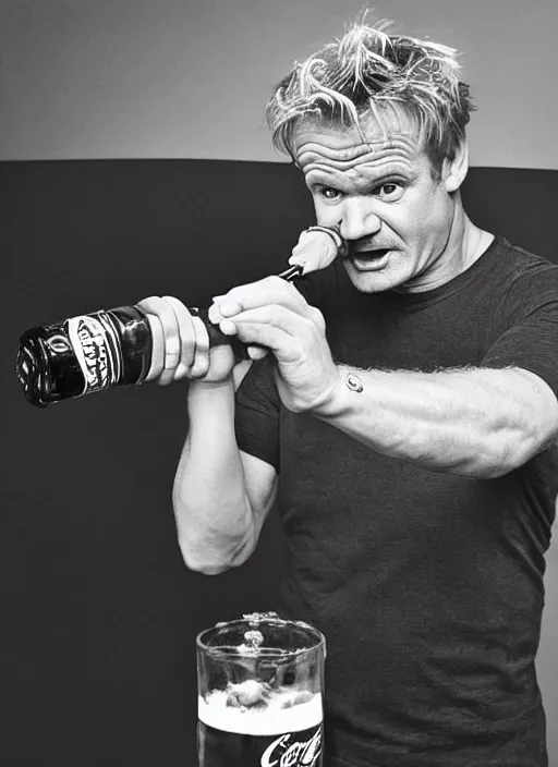 Image similar to Gordon Ramsey chugging an entire 2 liter bottle of coca cola, intense expressionistic photograph, high quality, detailed, sharp