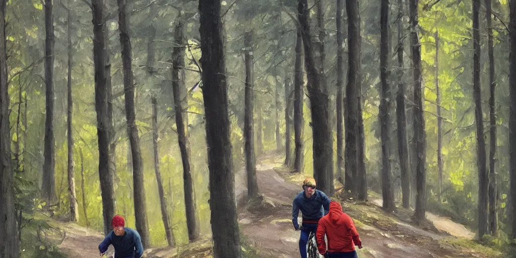 Image similar to Exact two men biking alone up a steep forest hill. One with a deep dark blue sweater and the other with a wine red sweater. sweaty. Oil painting. Emotional. Trending on artstation. Steep. Nordic Trees. Rustic. Artistic.