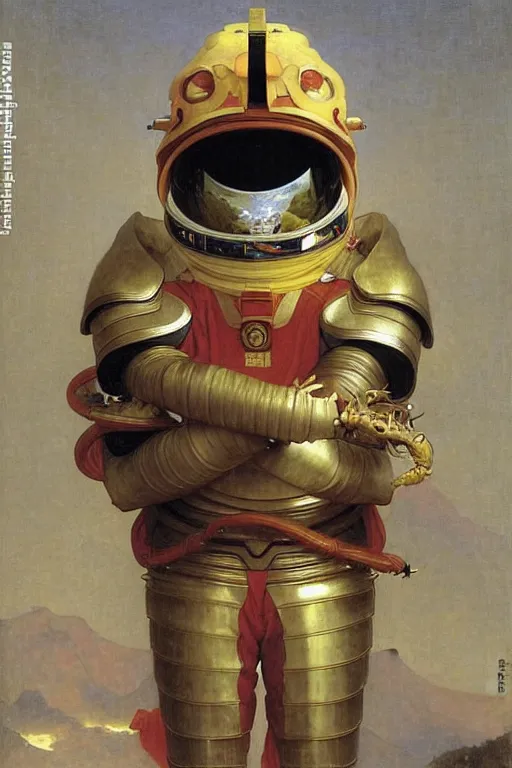 Image similar to portrait of a astronaut is a chinese dragon in armor and helmet, majestic, solemn, by bouguereau