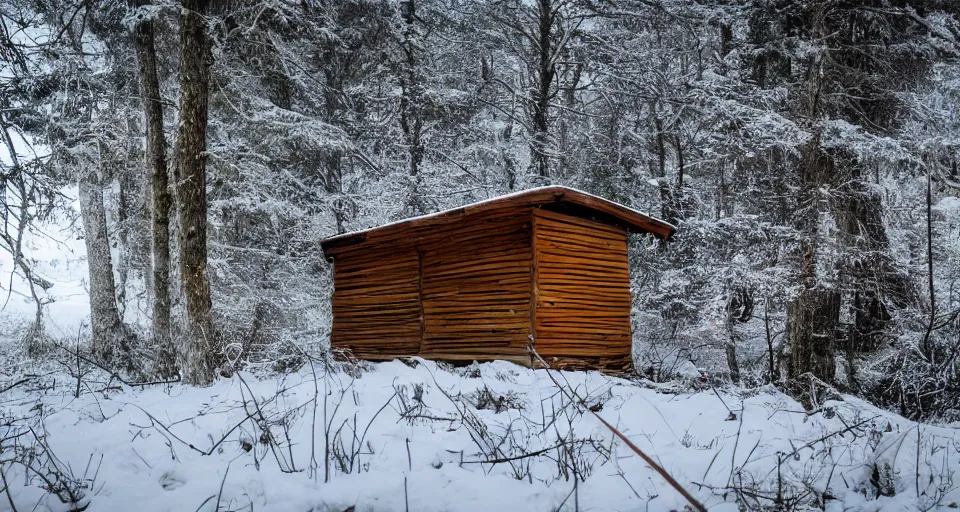 Prompt: a wooden hut at a clearing in the woods, snowy, light inside the hut, realistic, epic composition, 4 k