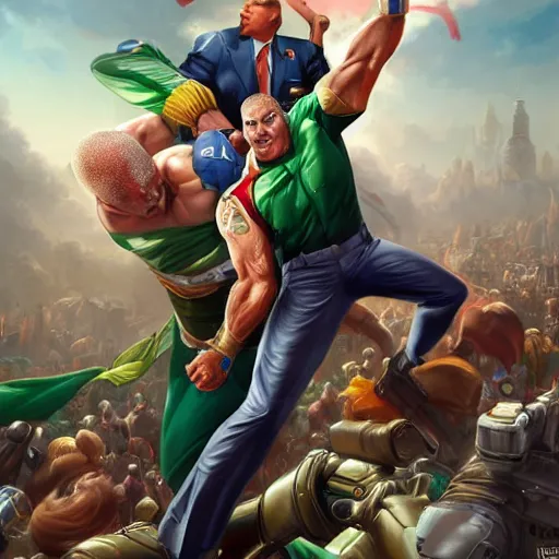 Prompt: presidente bolsonaro fighting against lex luthor. intricate, elegant, highly detailed, digital painting, artstation, concept art, sharp focus, illustration, by justin gerard and artgerm, 8 k