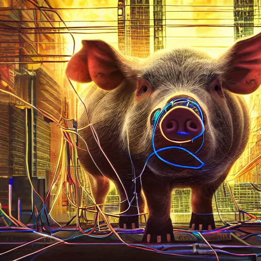 Image similar to a portrait photograph of a big aggressive male cyberpunk pig, circuit boards, motherboard, mainboard, wires, cable management, electrical wires, activity lights, cyberpunk, artstation, detail, hyperrealistic, digital photograph, natural light canon eos c 3 0 0, ƒ 1. 8, 3 5 mm, 8 k