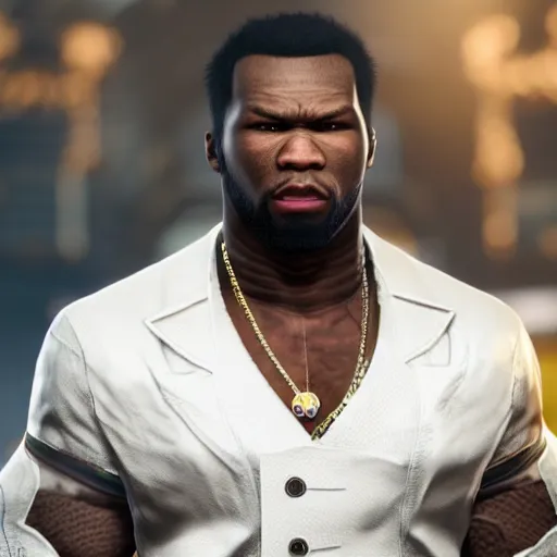 Image similar to a videogame still of 50 Cent in Tekken 7, portrait, 40mm lens, shallow depth of field, close up, split lighting, cinematic