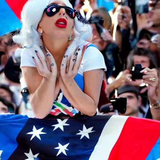 Image similar to Lady Gaga as president, Argentina presidential rally, Argentine flags behind, bokeh, giving a speech, detailed face, Argentina