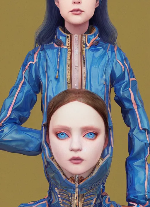 Image similar to blue eyes girl with transparent jacket :: by Martine Johanna and Simon Stålenhag and Chie Yoshii and wlop and Guillermo del toro :: ornate, dynamic, particulate, rich colors, elegant, centered, artstation, smooth, sharp focus, octane render, 3d