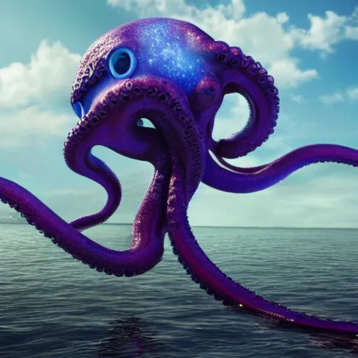 Image similar to A horrific tentacled monster floats in the blue sky, HD photorealistic image