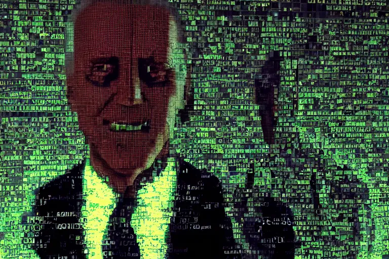 Image similar to creepy joe biden portrait stuck in the matrix, glitchy, buggy, playstation 1 graphics, low poly 3 d render, creepypasta, volumetric lighting, messy, vhs footage, scary, award - winning, detailed, weird, close - up, featured on artstation, ray tracing, 4 k hd, high quality