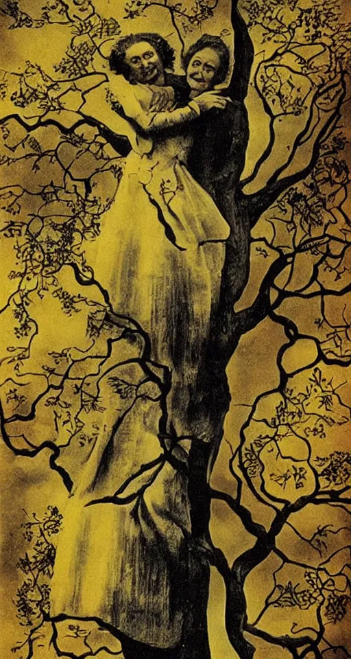 Image similar to Marie Curie hugging a tree by Salvador Dalí