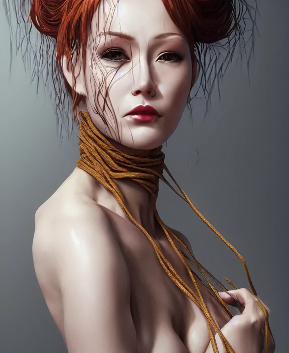 Image similar to a highly detailed portrait of a readhead, intricate latex set, spider, honey birdette, shibari, realistic portrait, deep focus, matte, digital painting, artstation, concept art, smooth, sharp focus, cinematic lighting, art by artgerm and nobuyoshi araki and bianca beauchamp, aj hamilton