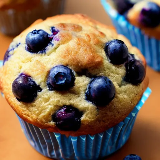 Prompt: A close-up photo of a blueberry muffin that appears to look like a puppy face