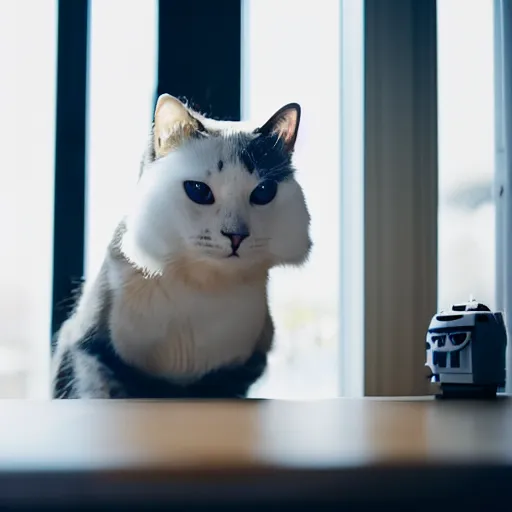 Prompt: a cat wearing a stormtrooper helmet covering the whole face while on the kitchen table, standing up, 40nm lens, shallow depth of field, split lighting, 4k,