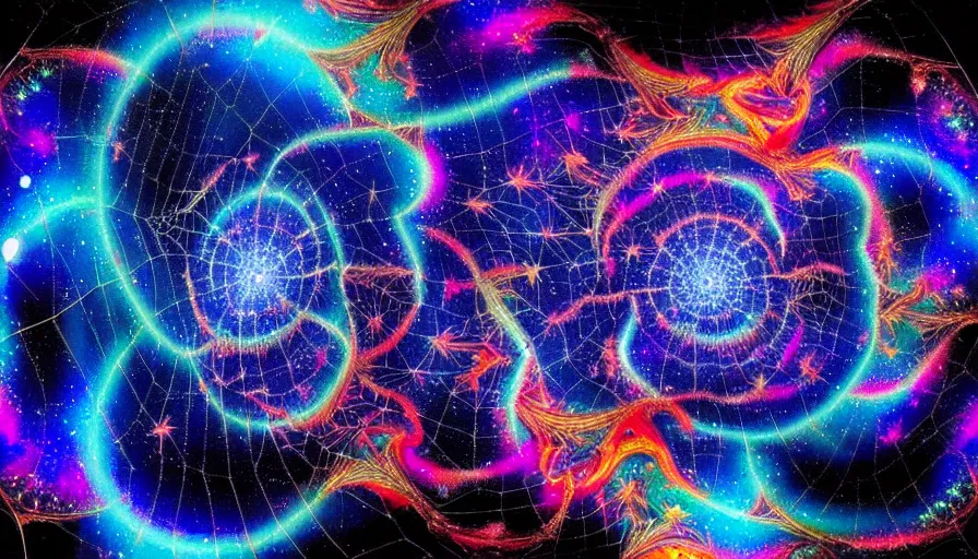 Prompt: a galaxy exploding, psychedelic colors, a blacksmith swinging his hammer at his forge, realistic reflections, body building blacksmith, stars, psychedelic patterns, fractal, rippling fabric of reality, the spider that weaves the web of time, sharpen lines, a sense of movement