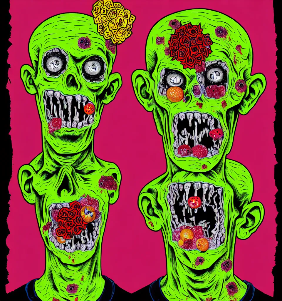 Image similar to portrait of a zombie straightedge hardcore kid, moshing, head made of fruit gems and flowers in the style of arcimboldo, basil wolverton, philip taaffe, cartoonish graphic style, street art, silkscreen pop art, punk graphics, photocopy