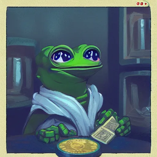 Image similar to super rich happy pepe in the vault, luxury, treasury, coins, money, hyper detalied, blue crystals, greg rutkowski, artstation