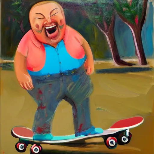 Image similar to happy fat man in a hawaiian shirt, skateboarding, oil on canvas