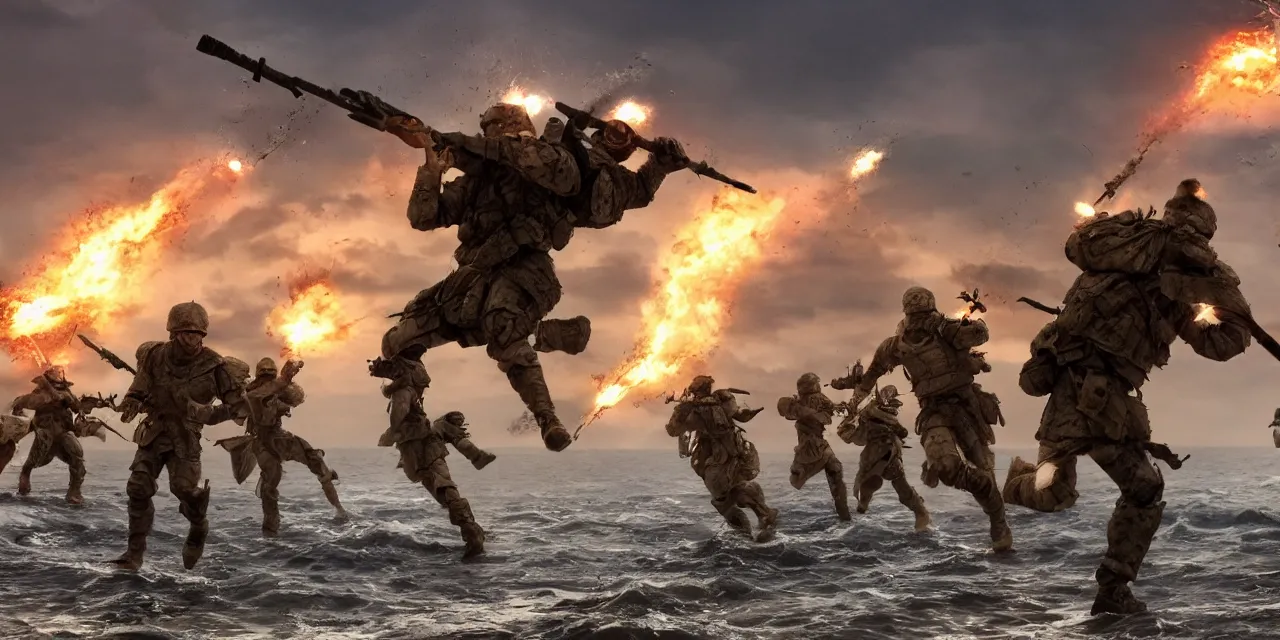 Prompt: fantasy soldiers jumping onto beach from landing craft, explosions and magic, cinematic