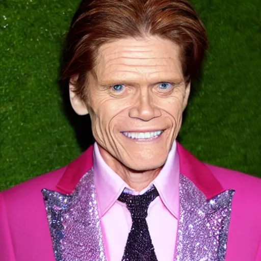 Prompt: Willam Dafoe in a pink suit, diamonds, sequins